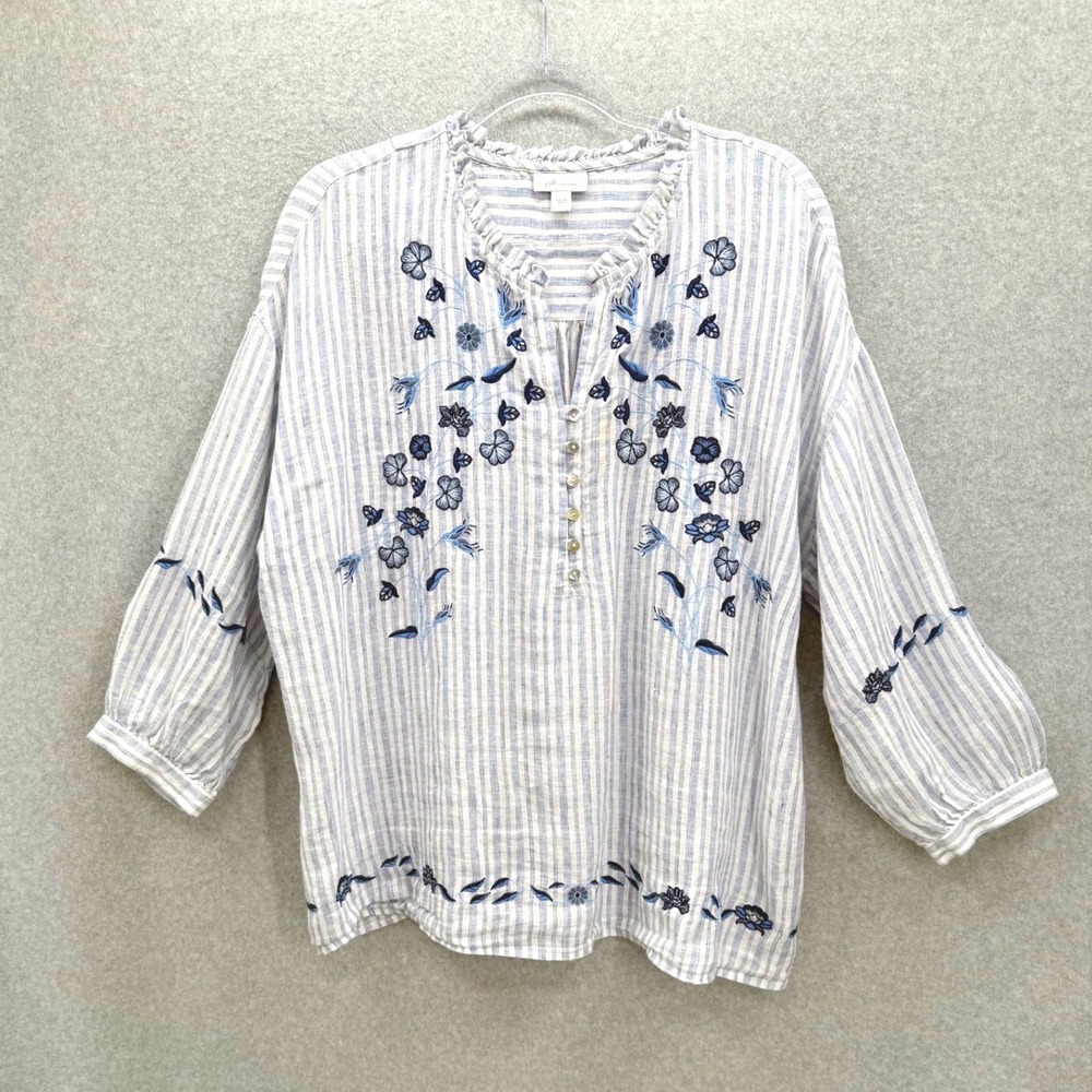J.Jill Love Linen Top Women Large Blue Striped Floral Embroidered Peasant Blouse
